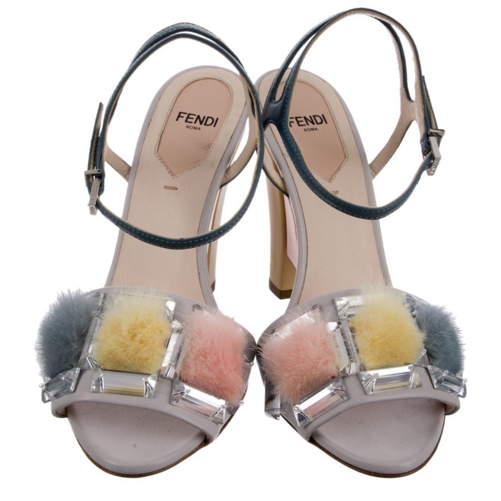 Fendi Gray and Pink Heels with Elegant Pom-Pom Detail